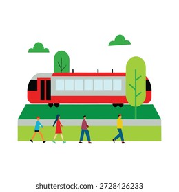 Ilustración de diseño plano que presenta la movilidad autónoma futurista que da forma al transporte urbano sostenible