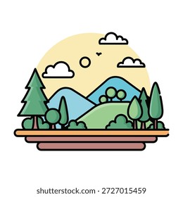A flat design illustration presents a layered landscape with stylized elements. Gentle blue mountains rise behind green rolling hills and various trees. The scene is set against a soft yellow sky with a sun and a few white clouds, creating a simple and serene natural vista.