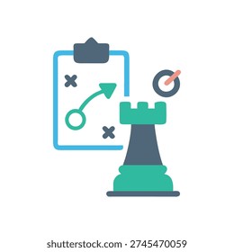 A flat design illustration presents strategy and planning, featuring a chess rook and diagram. It evokes success in business.