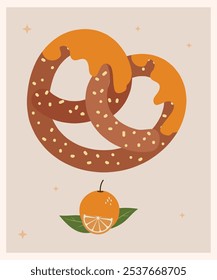  Flache Design-Illustration mit Brezel nach orangefarbenem Geschmack