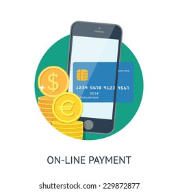 Flat design illustration processing of mobile payment credit card. Online purchase on digital smatphone.