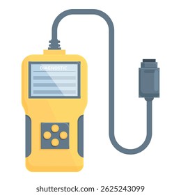 Flat design illustration of a professional handheld vehicle diagnostic tool for automotive maintenance and repair with yellow color. Isolated image. And electronic interface technology vector artwork