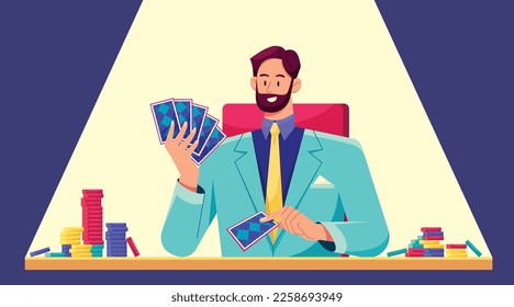 Flat design illustration of professional poker player.