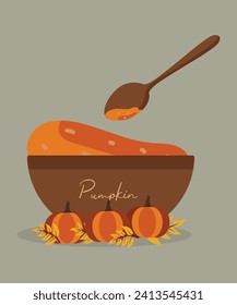 Flat Design Illustration with Pumpkin Jam at Plate and Spoon