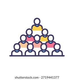 Ilustração de design plano de um organograma em forma de pirâmide em relação ao plano de fundo branco, mostrando a hierarquia e os relacionamentos com uma paleta de cores quente.