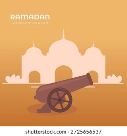 Ilustração de design plano para o Ramadã, com um canhão marrom tradicional com uma roda de raios em primeiro plano, colocada contra uma silhueta de mesquita bege claro. Fundo laranja de gradiente.