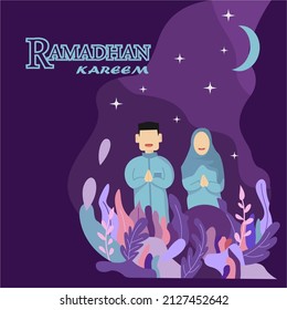 flat design illustration of ramadhan kareem with happy face expression dan dark background . this design is fit for use on greeting design, themes design, etc