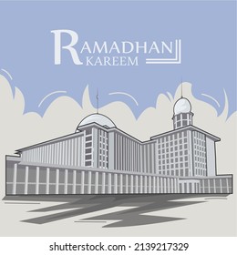 flat design illustration of ramadhan kareem with mosque and cloud background. This design is suitable for greeting design,etc