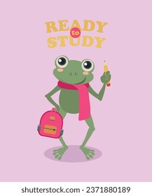 Flat Design Illustration Ready To Study with Frog and Bag, Pencil