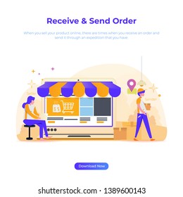Flat design illustration of receive and sending order for online shop or e-commerce