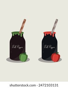 Flat Design Illustration with Red Bell Pepper and Green Bell Pepper Drinks a Bottles
