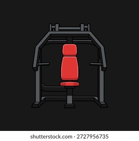 Una ilustración de diseño plano de una máquina de prensa de pecho rojo y negro sobre un fondo negro.