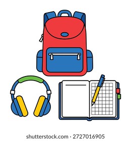 Flaches Design Illustration eines roten und blauen Rucksack Kopfhörer und ein offenes Notebook mit einem Stift Schlüsselwörter Rucksack, Schule, Bildung, Reisen, Tasche, Rucksack, Schreibwaren, Notebook, Journal, Schreiben
