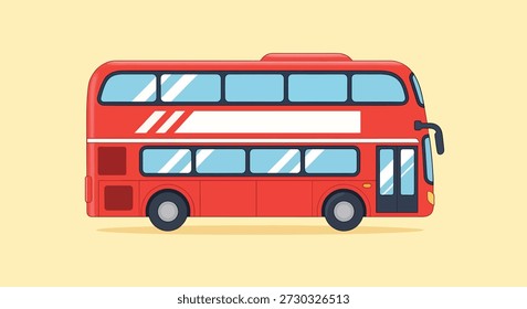 Una ilustración de diseño plano de un autobús rojo de dos pisos sobre un fondo amarillo.