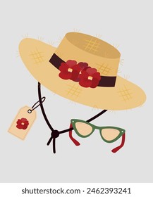  Flat Design Illustration at Red Flowers Hat Straw and Sunglasses, Sale Tag