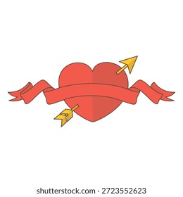 Una ilustración de diseño plano de un corazón rojo perforado por una flecha de oro