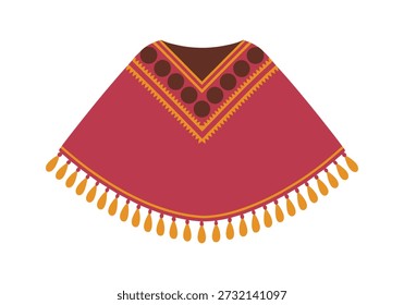 Una ilustración de diseño plano de un poncho rojo con Elementos decorativos y borlas, aislado sobre un fondo blanco.
