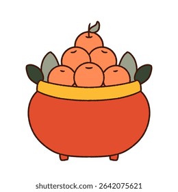 Flat design illustration of a red pot filled with cute mandarin oranges and green leaves, symbolizing prosperity and good fortune.