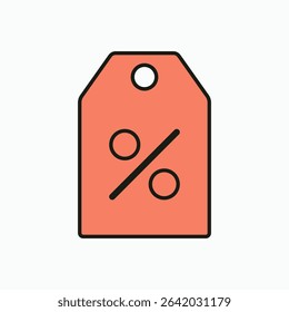 Flat design illustration of a red-orange price tag with a bold percentage sign, symbolizing discount, sale, or promotional offers in retail or e-commerce