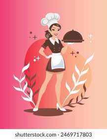 Flat design illustration of a restaurant female chef in uniform standing front view ready to serve a meal.
