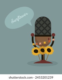 Flat Design Illustration with Retro Microphone and Sunflowers