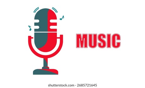 Flat design illustration of a retro microphone with music notes and bold MUSIC text, perfect for music, podcast, and broadcasting themes.