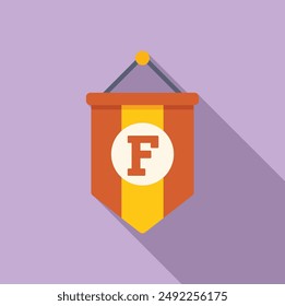 Flat design illustration of a retrostyle pennant with the letter f, casting a soft shadow