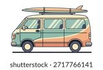 A flat design illustration of a retro-style van in a muted color palette of light green, cream, and orange.  