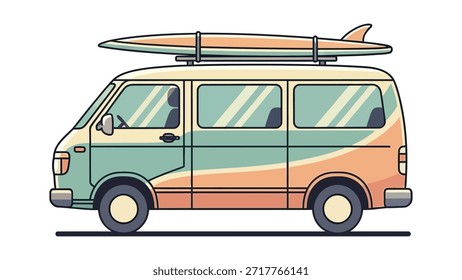 Una ilustración de diseño plano de una camioneta de estilo retro en una paleta de colores apagados de verde claro, crema y naranja.  