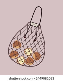  Flache Design-Illustration mit wiederverwendbarer Einkaufstasche bei Haselnuss