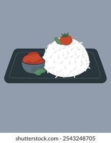 Flache Design-Illustration mit Rise und Tomate, Wurst, Basilikum