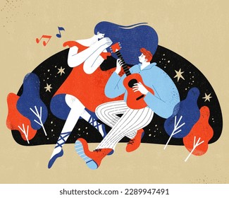Flat design illustration of romantic couple interaction. A boy playing guitar gazing affectionately into the eyes of the girl that is dancing beside him.