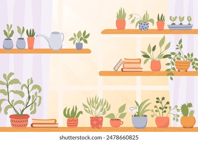 Flat Design Illustration of room with Big Window and shelves with a collection of house plants. Vector illustration background. Card for mom lovers plants. Be green promote banner.