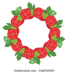 Flat design illustration round frame with slices of tomato and basil leaves and parsley leaves, isolated on white background with space for text - vector