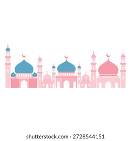 Flat design illustration of a row of colorful mosques with blue and pink domes and minarets against a white background.