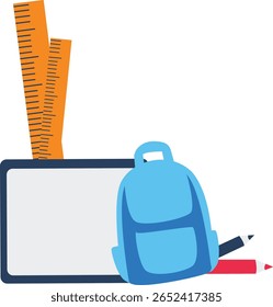  Uma ilustração de design plano de uma régua e lápis em uma mesa, simbolizando medição, estudo e aprendizado em um ambiente acadêmico.