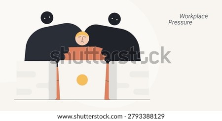Flat design illustration of a sad employee being squeezed by two dark figures while working on a laptop, representing workplace pressure and bullying. Perfect for mental health and HR content.