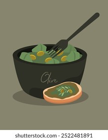 Flat Design Illustration with Salad at Olive and Bread,Fork