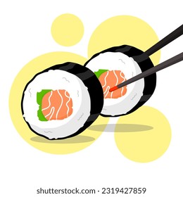 Flat design illustration of salmon sushi roll on with avocado grab with chopstick. Perfect use for restaurant menu