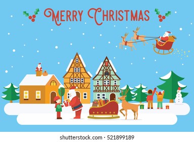 Flat design, Illustration of Santa Claus with reindeer and children