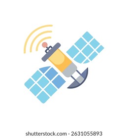 Ilustración de diseño plano de un satélite con paneles solares de color azul claro y ondas de señal. Composición centrada en un fondo blanco.