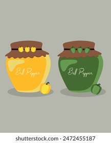 Flat Design Illustration with Sauce Jar at Yellow Bell Pepper and Green Bell Pepper