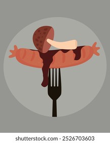 Flat Design Illustration with Sausage at Mushroom Taste