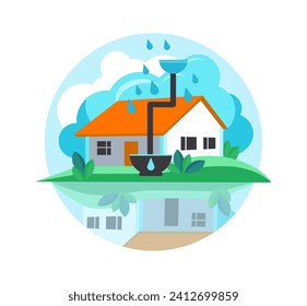 Flat design illustration to save water. A house with a rain gutter and a large drop of water coming out of it. Vector concept image