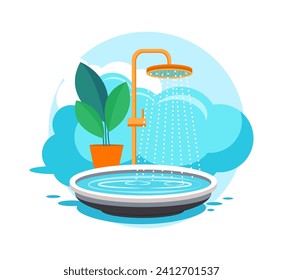 Flat design illustration to save water. A shower head is pouring water into a tub. Vector concept image
