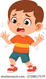 Ilustración de diseño plano de un personaje de niño asustado que da un paso atrás ligeramente con una expresión de miedo. Esta pose representa miedo, nerviosismo, sorpresa o precaución, lo que la hace adecuada para el contenido educativo de los niños, los materiales de conciencia de seguridad, el aprendizaje emocional, las imágenes de narración de historias y la comunicación enfocada en los niños. El estilo de ilustración plana limpia y el lenguaje corporal expresivo ayudan a transmitir emociones claramente para los diseños de educación modernos, App, presentaciones, Sitios web y personajes de mascotas.