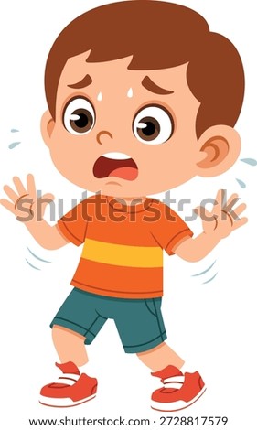 Flat design illustration of a scared boy character stepping slightly backward with a fearful expression. This pose represents fear, nervousness, surprise, or caution, making it suitable for children’s educational content, safety awareness materials, emotional learning, storytelling visuals, and kid focused communication. The clean flat illustration style and expressive body language help convey emotions clearly for modern education designs, apps, presentations, websites, and mascot characters.