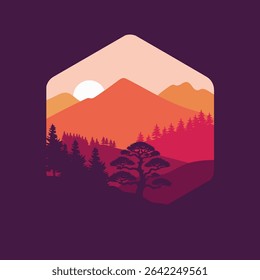 Flat design illustration of a scenic mountain landscape at sunset. Featuring layered silhouettes of mountains, pine forests, and a stylized bonsai tree in warm gradient tones of orange.