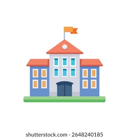 Flat design illustration of a school building with an orange flag. Features clean lines and a simple, geometric style.