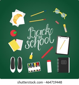 Flat design illustration of school topic with hand draw lettering. School bag, flats, nail polish, lunch, notebooks,croissant, tumbler, vogue bottle. Outfits for school in vector.